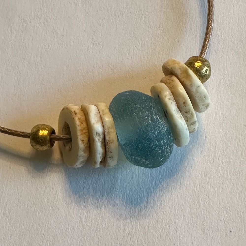 ARTISAN Sea Blue Glass Rondel Heishi Brass Tan Cord Necklace 24 Inch